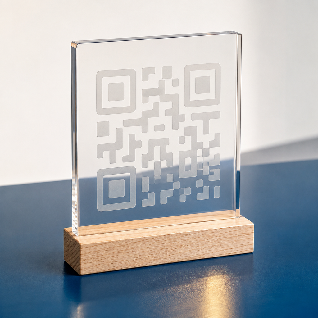 Suport QR din plexiglas transparent pe bază de lemn și fundal albastru
