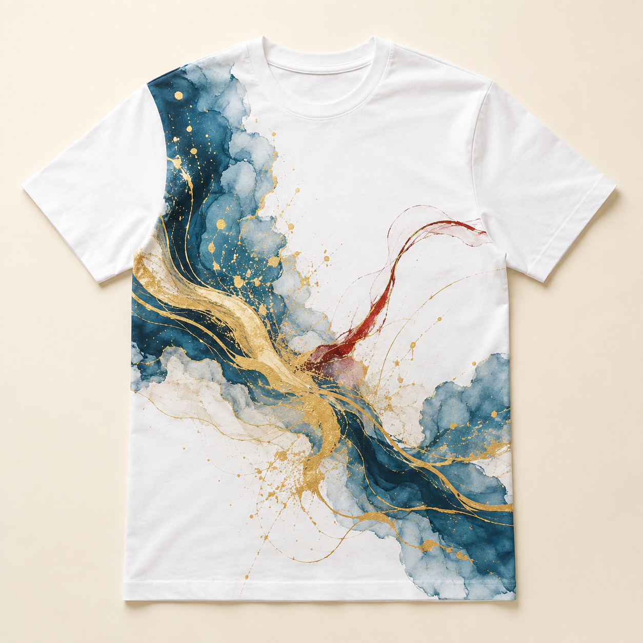 Tricou alb personalizat prin sublimare cu design petrol și auriu